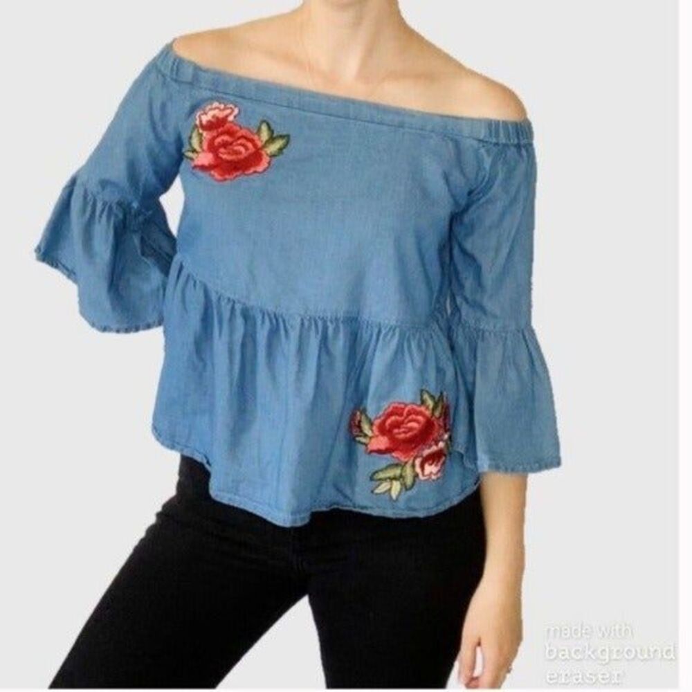 ANA A New Approach Denim Cotton Off Shoulder Floral Embroidered Top, Size medium